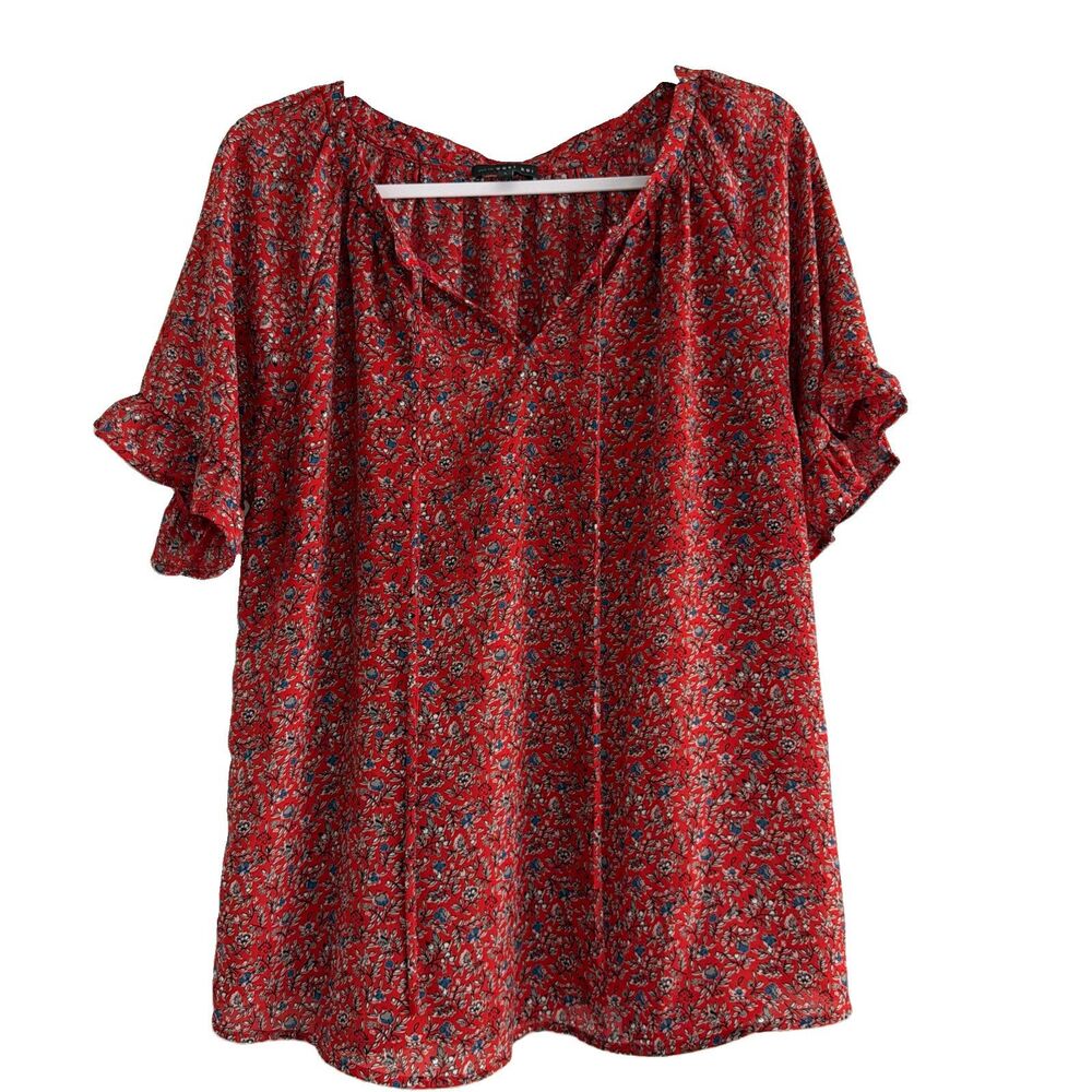 West Kei Red Floral Blouse short Sleeve, Women’s large, Polyester ruffle sleeve